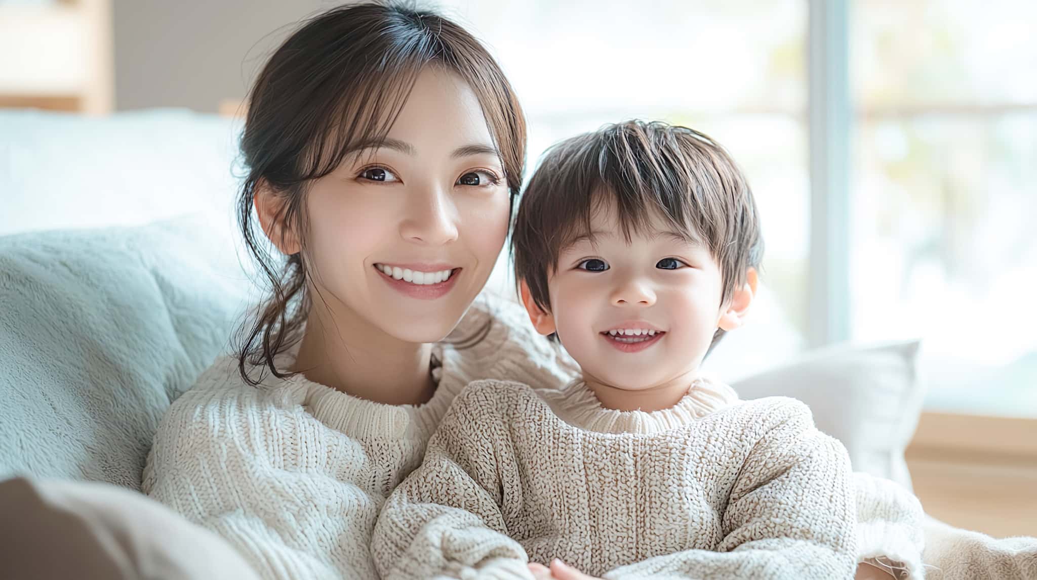 子どもを抱いた笑顔の母親