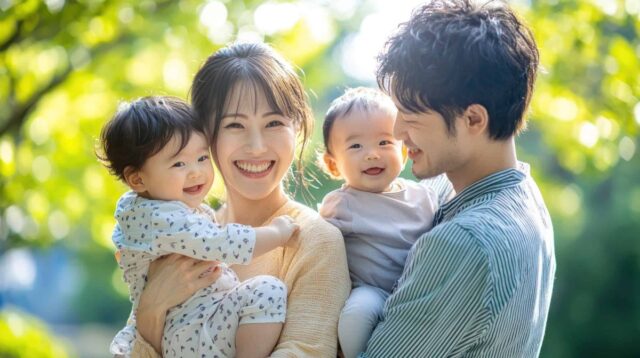 双子の赤ちゃんを抱いた笑顔の夫婦