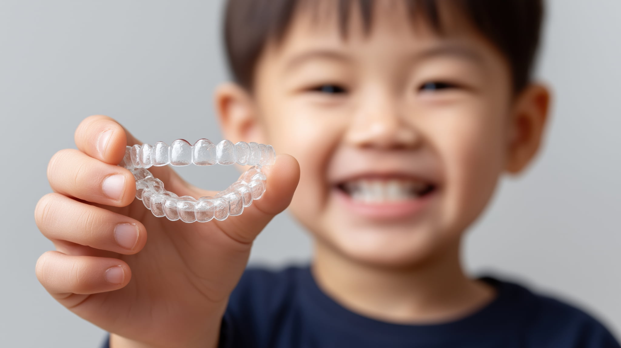 インビザライン・ファーストのマウスピースを手に持ってみせてくれる子ども